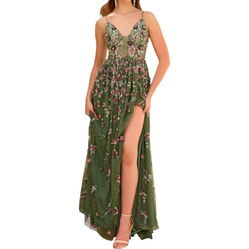 NEW PRIMAVERA floral mesh prom dress in sage green